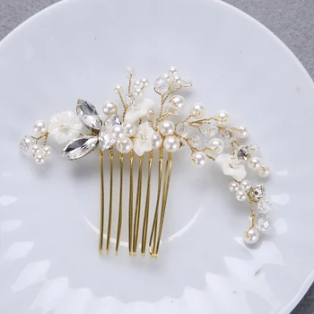

Golden crystal Shell flowers pearl hair combs for Women FORSEVEN Trendy Bride Hair Acessories Wedding hair comb decorations
