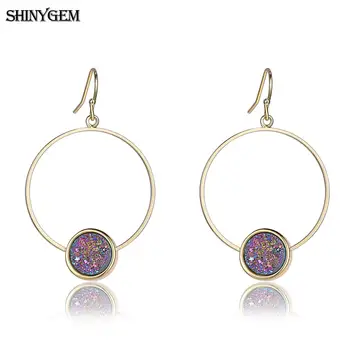 

ShinyGem Vintage Golden Big Round Earrings Colorful Druzy Natural Stone Earrings DIY Smooth Twist Circle Drop Earrings For Women