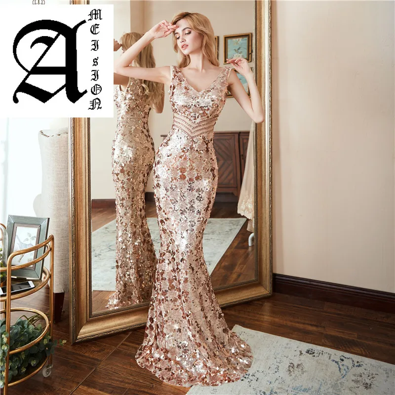 

Ameision Evening Dress 2019 Elegant Slim Sleeveless Mermaid Formal party dresses Luxury Long Sequin prom gowns reflective dress