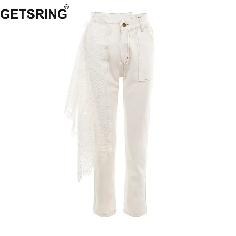 

GETSRING Women Jeans Lace Stitching White Denim Jeans High Waist Straight Denim Pants Leisure Long Denim Trousers 2019 Fashion