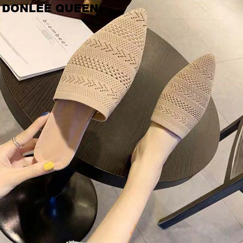 

2019 Summer Women Mule Fashion Knit Elastic Breathable Shoes Pointed Toe Slip On Slide 1.5CM Low Heel Shoe Women Outdoor Slipper