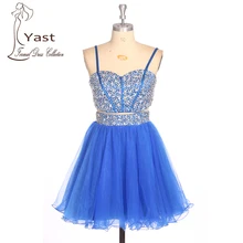 Yast Echt Bild Cocktailkleider Sleeveless Rhinstone 2 Stücke Kurzes Partei-kleid Pailletten Sexy Blauen Kleid E017