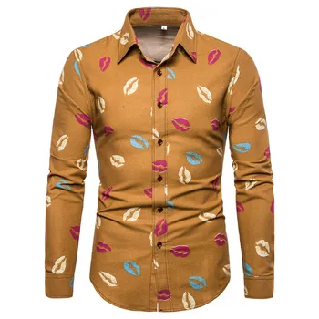 

Sexy Lips Print Shirt Men Camisa Masculina 2019 Fashion Party Show Prom Mens Dress Shirts Slim Fit Long Sleeve Linen Shirts Men