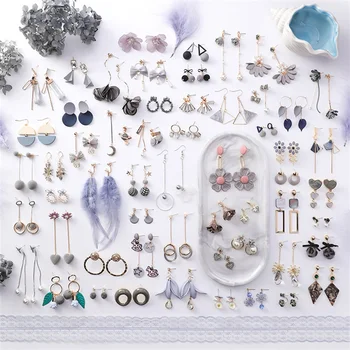 

2019 Korean Sweet gray flower earrings fashion geometric round lover heart star long tassel earrings for women female jewelry