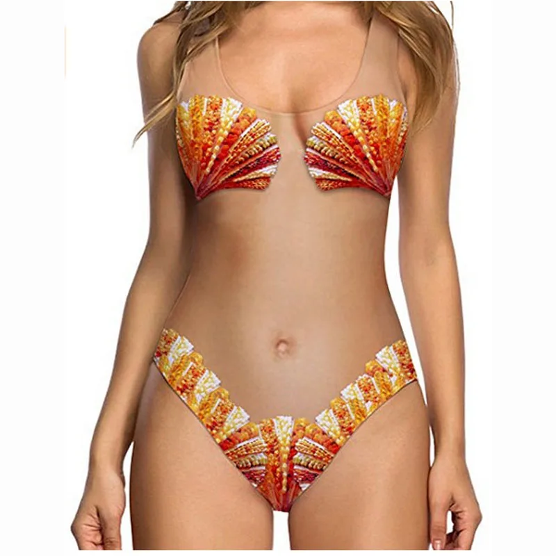 

Swimsuits, Women's Fashion High Cut One Piece Swimsuit Funny Plant/Shell Print Bathing Suit Monokini Swimwear