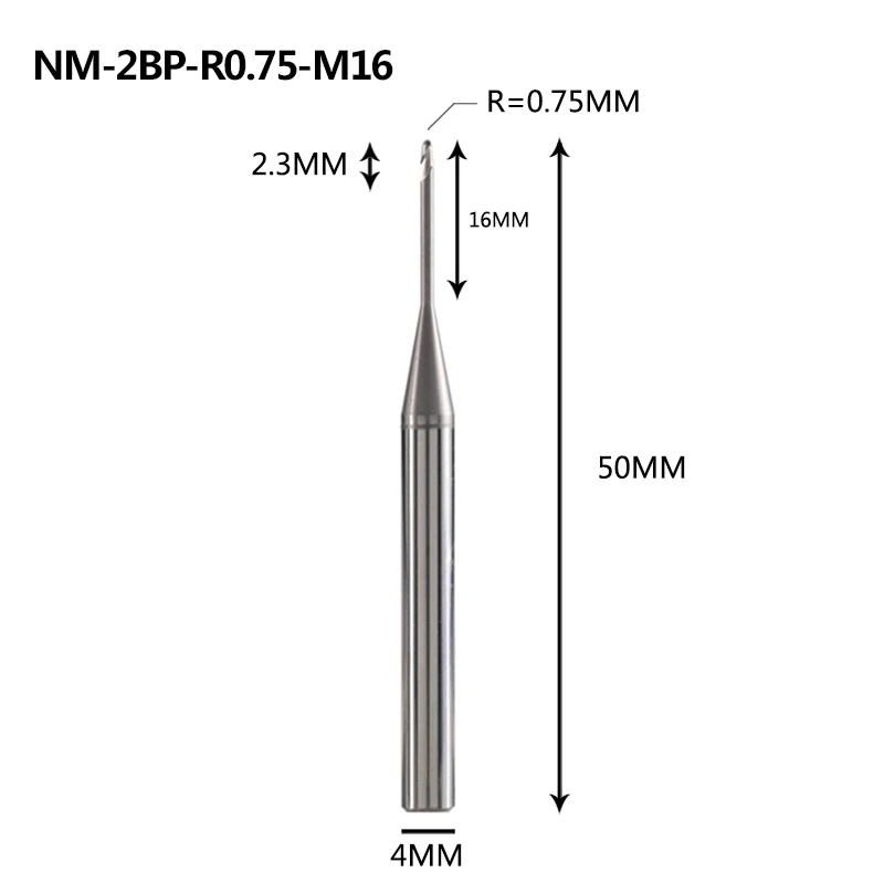 NM-2BP, Вольфрамовая сталь, 2 флейты, круглый нос, длинная шея, с покрытием, Концевая фреза, Фрезерный резак, режущие инструменты для меди и алюминиевого сплава - Длина режущей кромки: NM-2BP-R0.75-M16