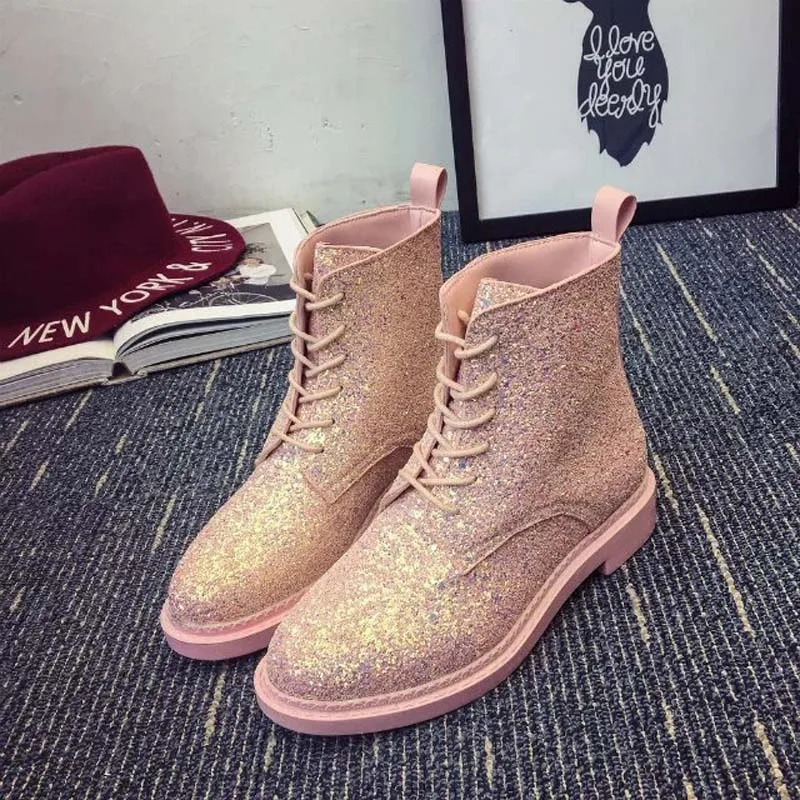 

Lace-Up Ankle Boots Woman Platform Autumn  Shoes Woman Glitter Casual Nubuck Leather Slip On Flats Women Boots XWX4718