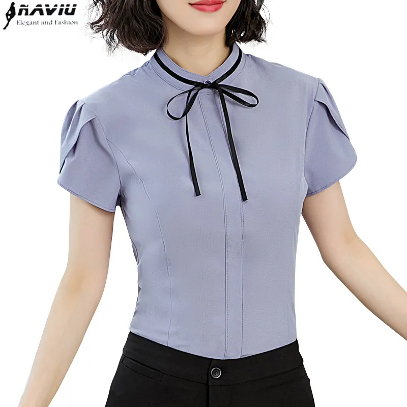 

Fashion women bow shirt OL office elegant short sleeve slim chiffon blouse ladies formal summer plus size work clothes tops
