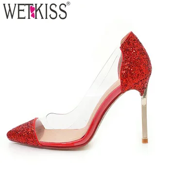 

WETKISS Thin High Heels Pumps Women Pointed Toe Footwear Transparent Pvc Shoes Female Sequined Party Bling Shoes Woman 2019 New