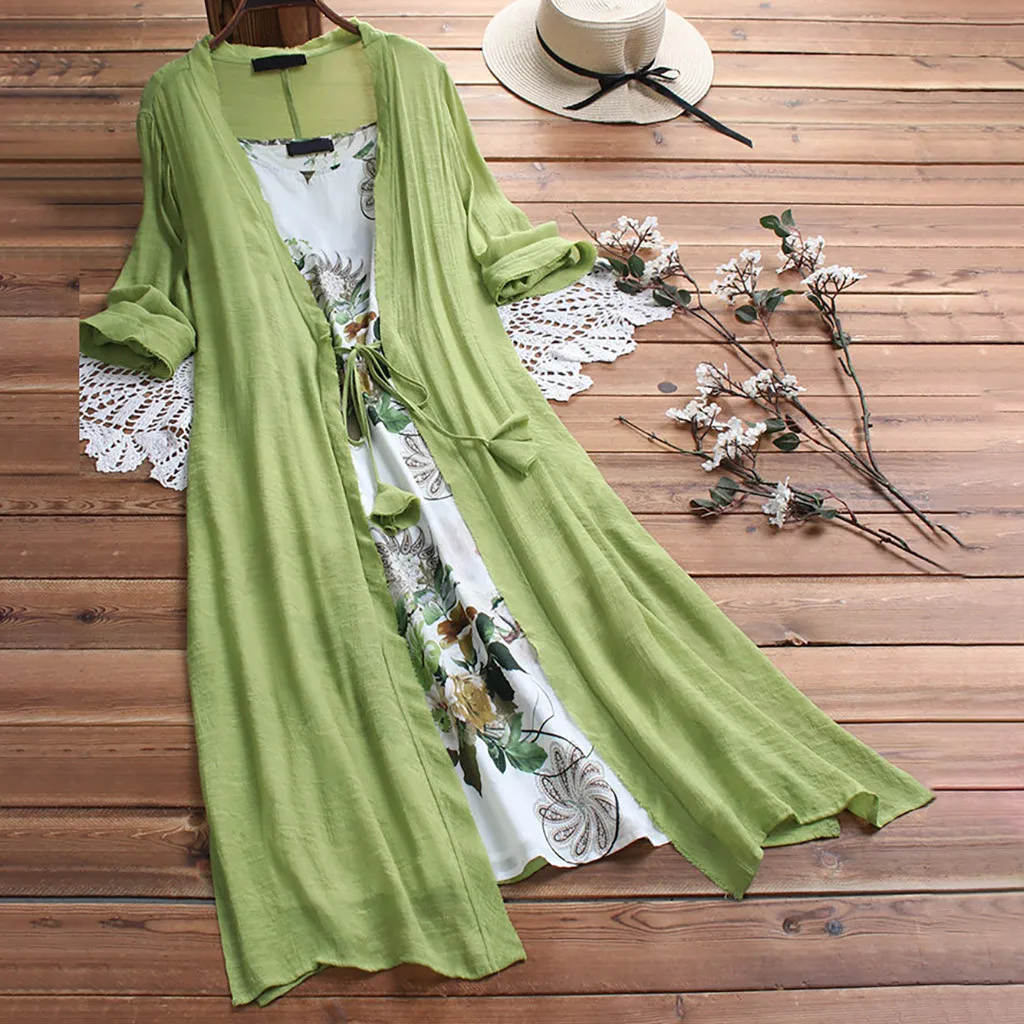 

Summer Women Linen Dresses Fashion Vintage Boho O-Neck Ladies Dresses Floral Print Lace Two-piece 3/4 Sleeve Women Dresses