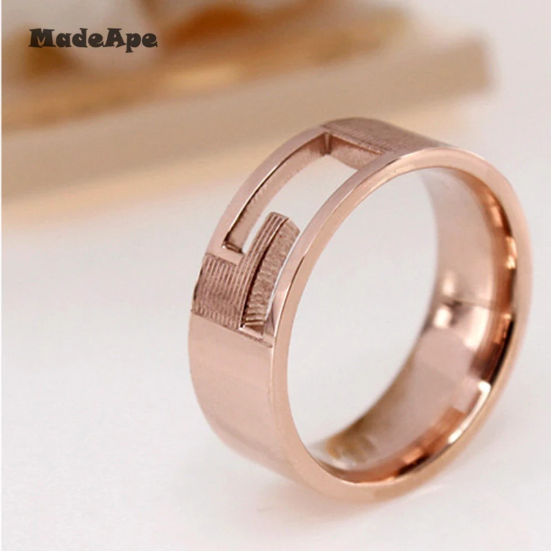 MadApe Trendy Women Hollow Rings 316L Stainless Steel Couple Ring Rose Gold Color 7mm Width For Women Men Wedding Rings