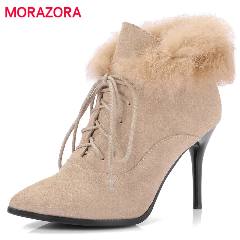 

MORAZORA 2018 new autumn winter pointed toe cow suede leather boots lace up stiletto heel abkle boots sexy super high heel boots