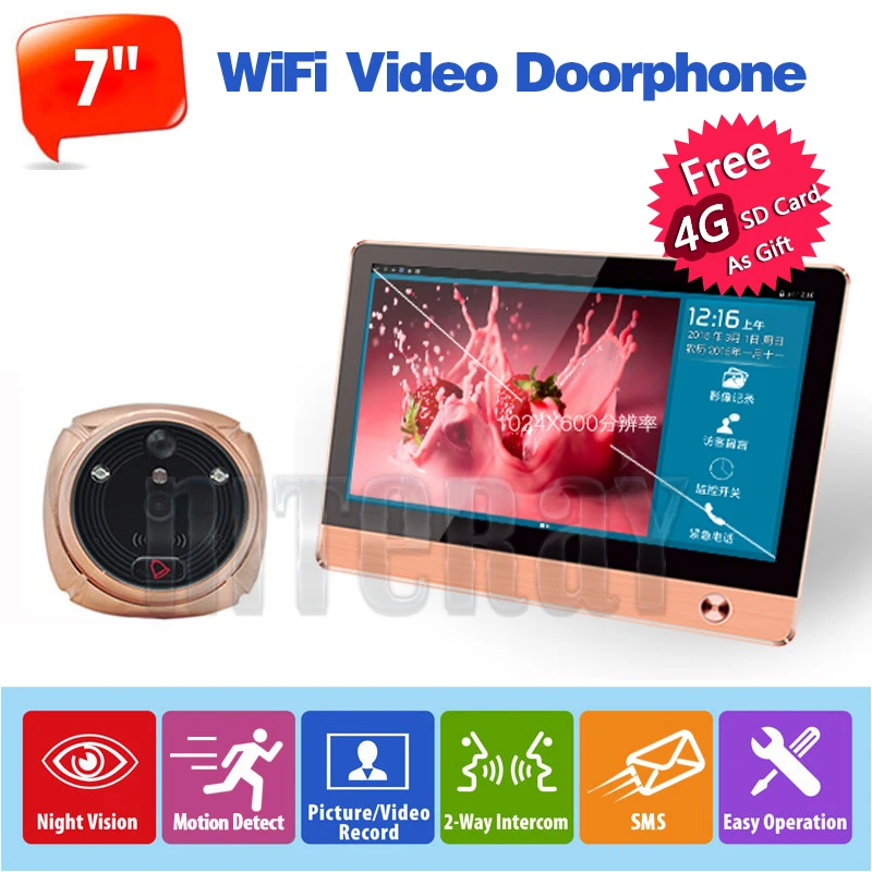 7 inch Monitor Color Video Door Phone Intercom System Night Vision Peephole Camera 4GB SD Card Video Record