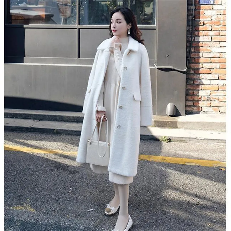 Белое пальто куртка Женский Зимний раздел длинный плюс размер хлопок утолщение норки шерстяной мех