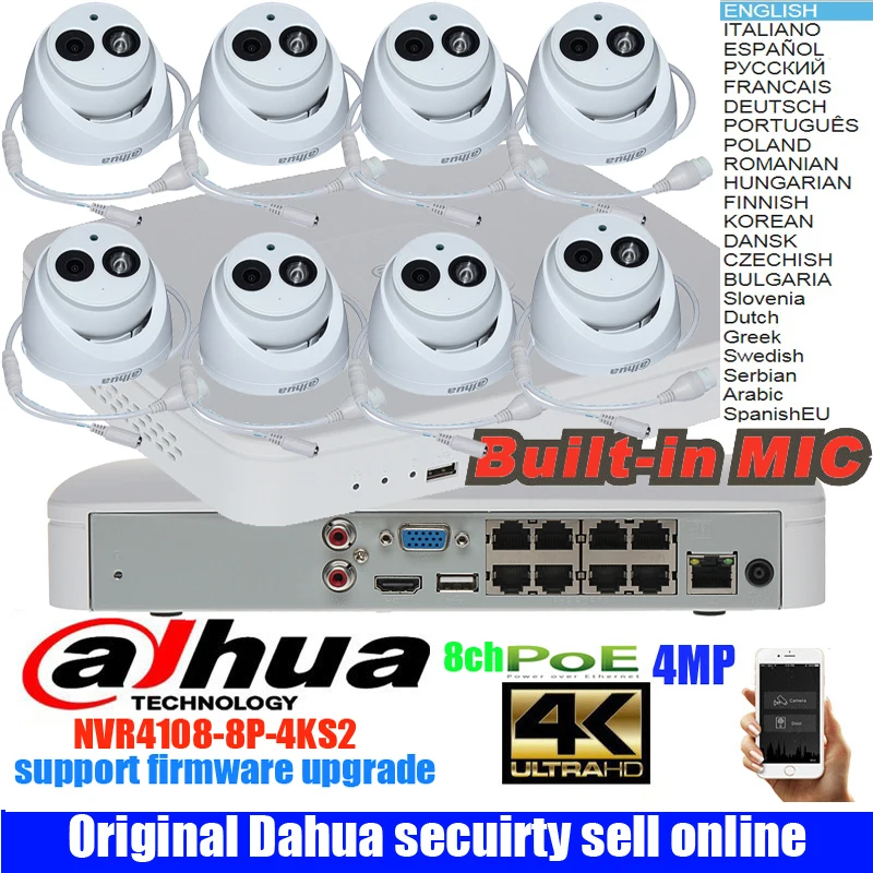 Mutil язык dahua H.265 4MP POE IP Камера DH-IPC-HDW4433C-A Системы безопасности Камера открытый 8CH 1080 P NVR4108-8P-4KS2 комплект