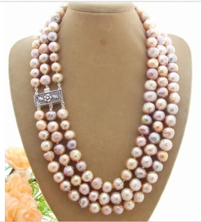 

Beautiful! 11mm 3row Bead-Nucleated pink Pearl Necklace AAA