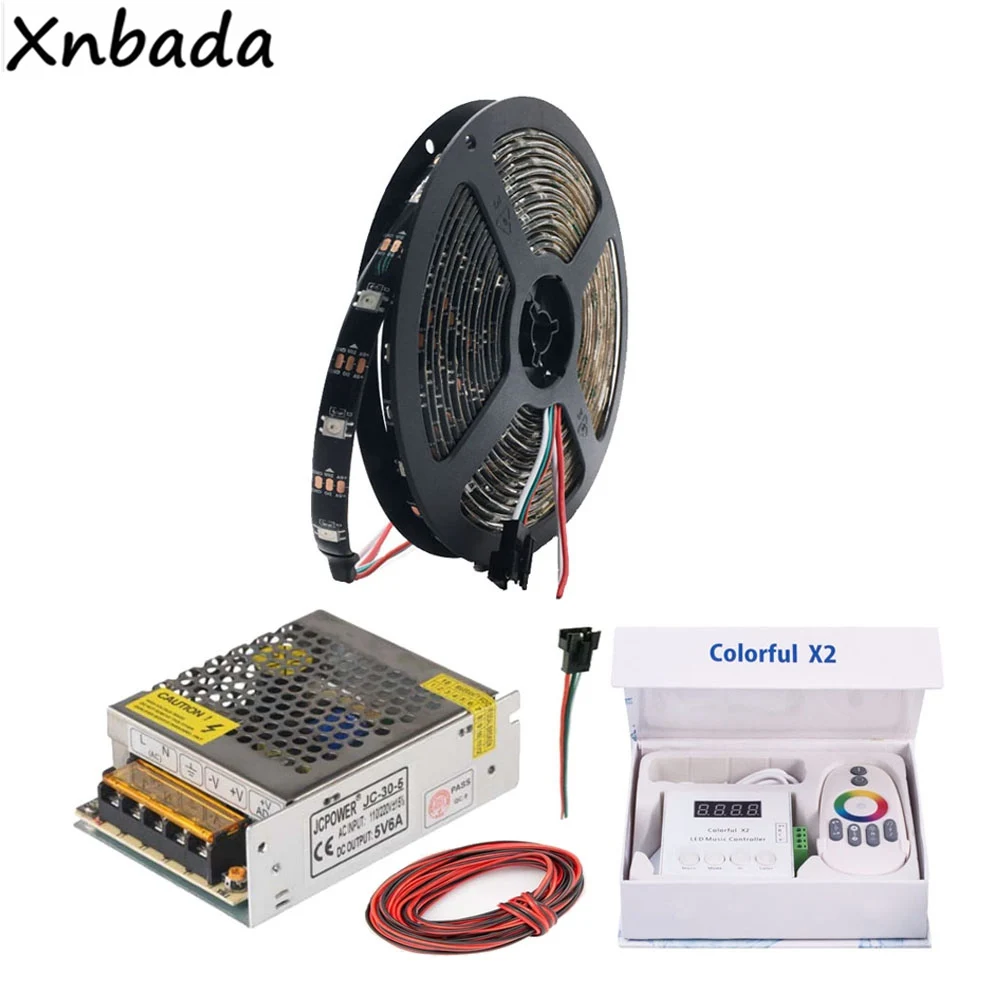 WS2812B WS2812 RGB Светодиодная лента светильник x2 RGB Led музыкальный контроллер с РЧ сенсорным пультом дистанционного управления DC5V светодиодный трансформатор комплект