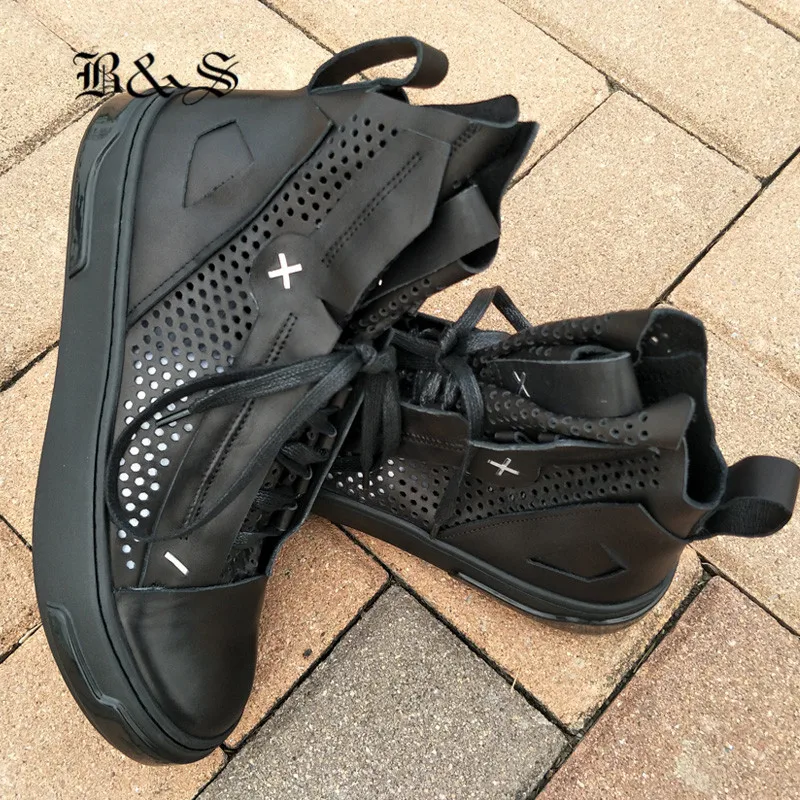 Черные и уличные высокие мужские летние дышащие открытые кроссовки из натуральной кожи для тренировок на открытом воздухе летние ботинки в стиле рок