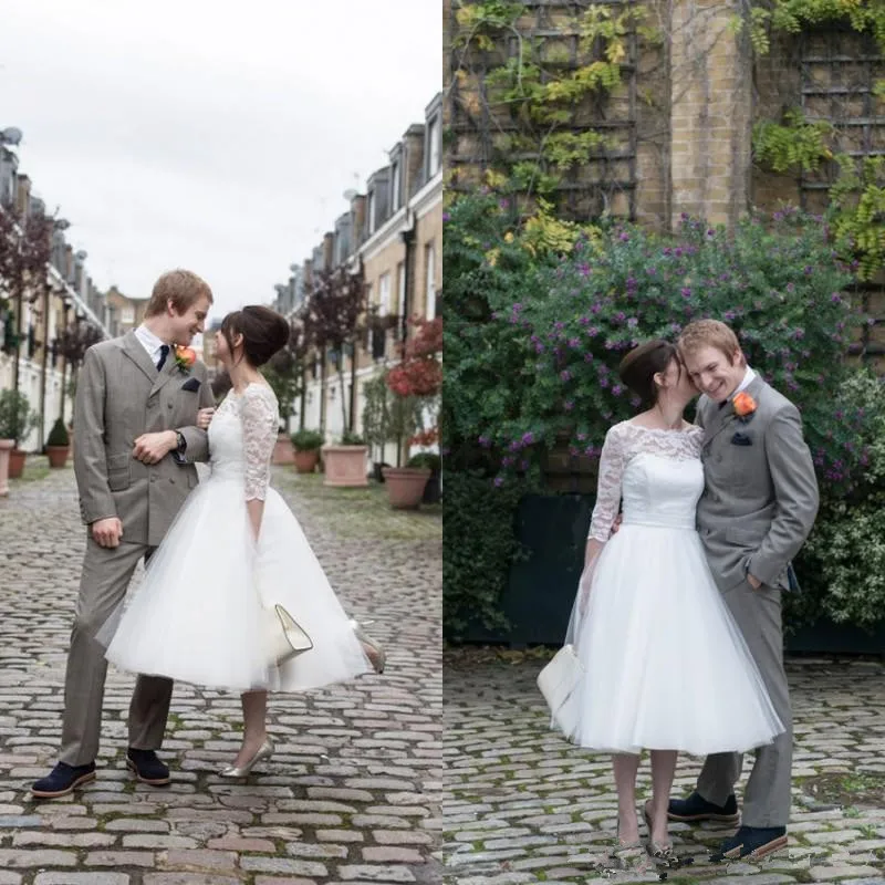 

2019 Popular Tea Length Wedding Dress A Line Illusion Bateau Sheer Lace 3/4 Sleeves Puffy Tulle Cheap Short Bridal Gown Bow Sash