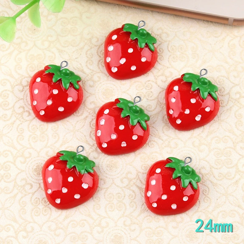 10pcs Cute Resin 3D Strawberry Charms Hang Loop Fruit Dangle Pendant Red 28~29mm 
