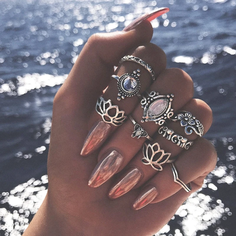 

10 Pcs/Set Bohemian Hollow Elephant Lotus Flower Water Drop V Shaped Crystal Gem Silver Joint Ring Set for Women