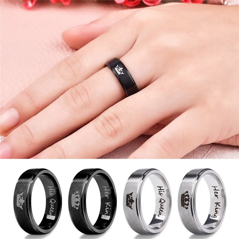 YAKAMOZ Fashion Stainless Steel Couple Rings Black Crown Her King His Queen Couple Jewelry Anniversary Valentine's Day Gifts