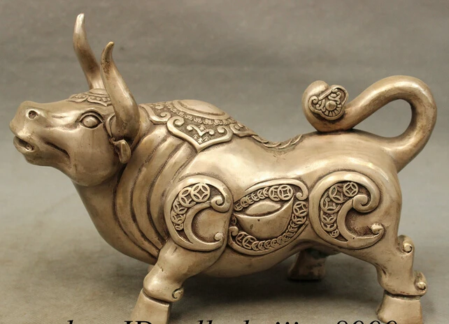 

JP S0114 9" FengShui Chinese Silver Zodiac Wealth YuanBao RuYi Bull Ox Statue Sculpture