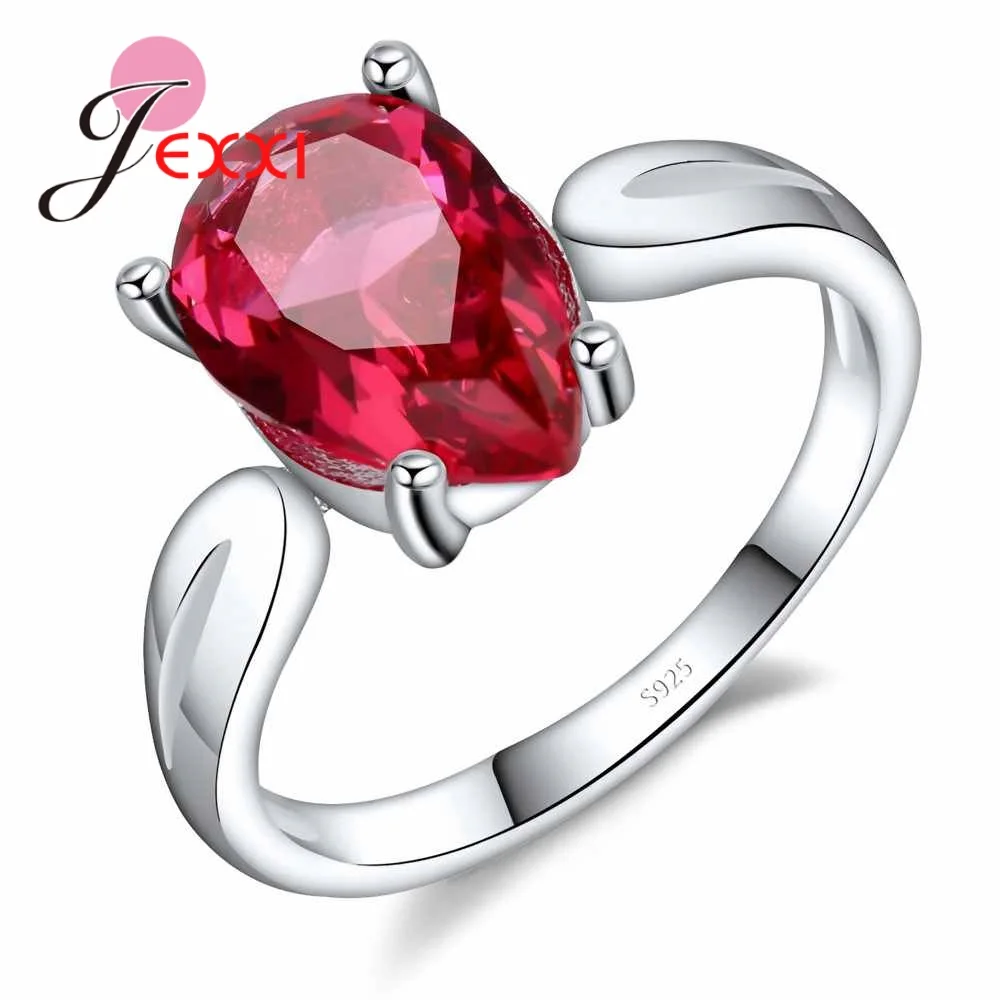 

JEXXI 100% 925 Sterling Silver Ring Red Waterdrop Oval CZ Zircon Stone Promise Ring for Female Wedding Engagement Gift Brand New