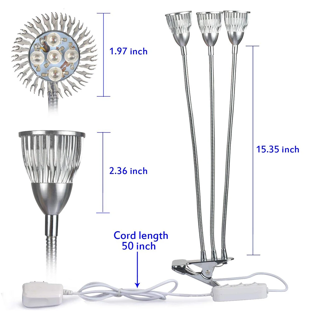 Светодиодный светать 15 Вт 3 головы растений лампы с тройной коммутаторы 360 градусов для цветов комнатных растений Indoor семена парниковых