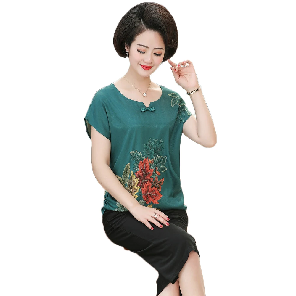 

Ethnic Women Oriental Silk Two Pieces Pant Suits Sets Summer Red Blue Blouse And Black Cropped Trouser Suit Set Female Twinset