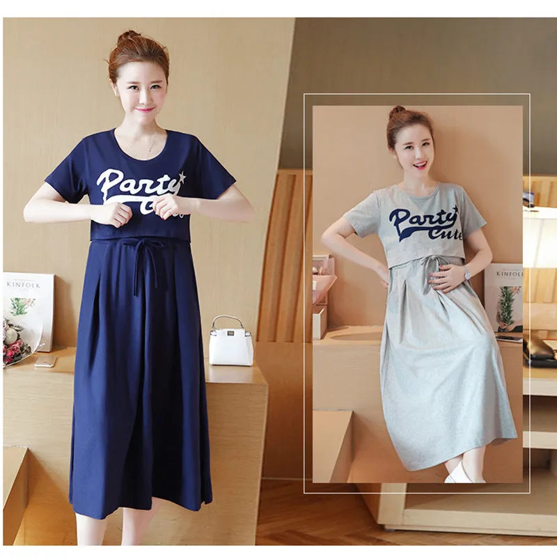 Maternity Dress Breastfeeding Two-piece Suit Short-sleeved Maternity Clothes For Pregnant Women Long Korean Skirt  Cotton