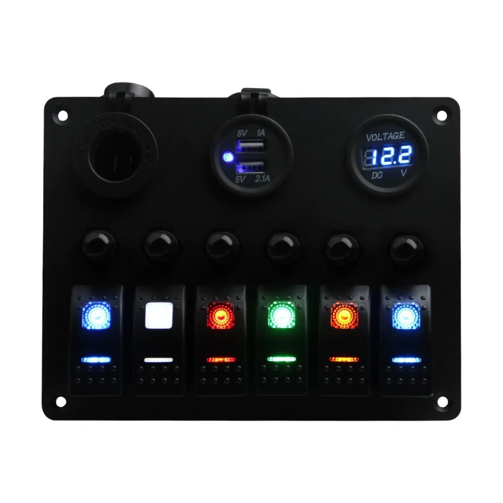 

Marine Boat Car Switch Panel 6 Gang Rainbow LED Rocker Switch Panel with Circuit Breakers&Digital Voltmeter+12V Cigarette Socket