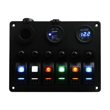 

Marine Boat Car Switch Panel 6 Gang Rainbow LED Rocker Switch Panel with Circuit Breakers&Digital Voltmeter+12V Cigarette Socket
