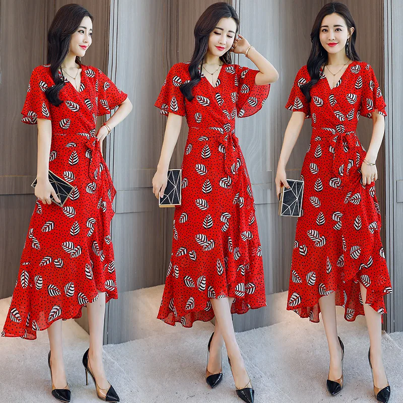 Hot Sale Women elegant chiffon party Dress Short Sleeve floral Summer ...