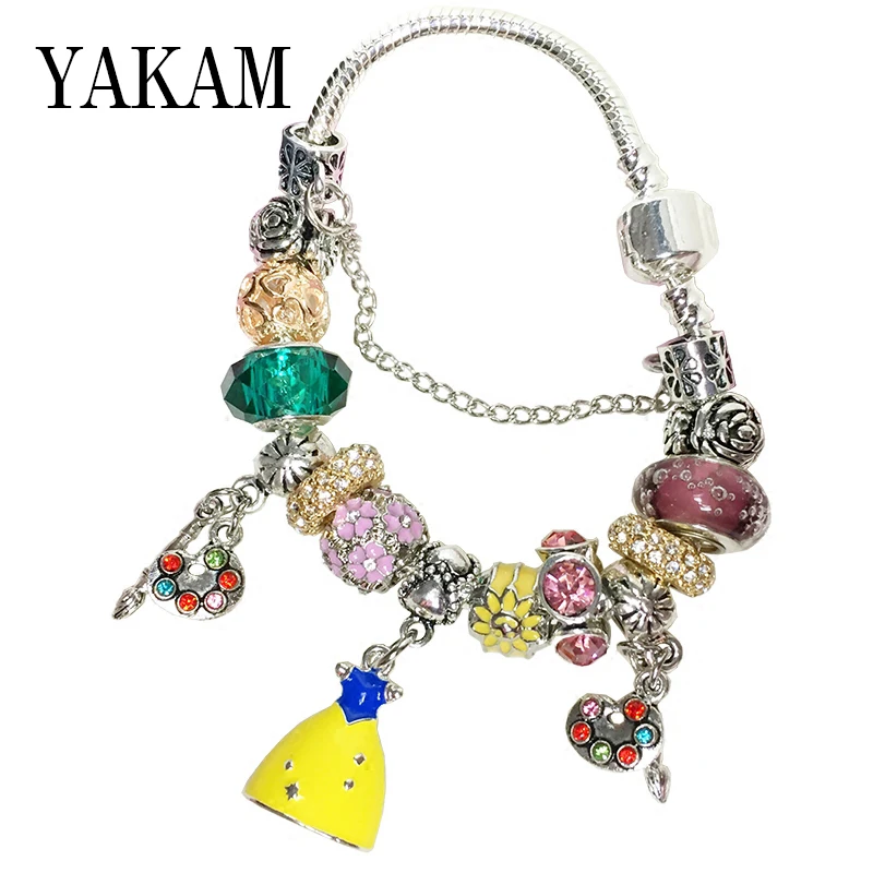 

Fit Original Europe Brand Bracelet Yellow Enamel Color CZ White Dress Pendant Rose Magnolia Flower Safe Chain Charms DIY Pulsera