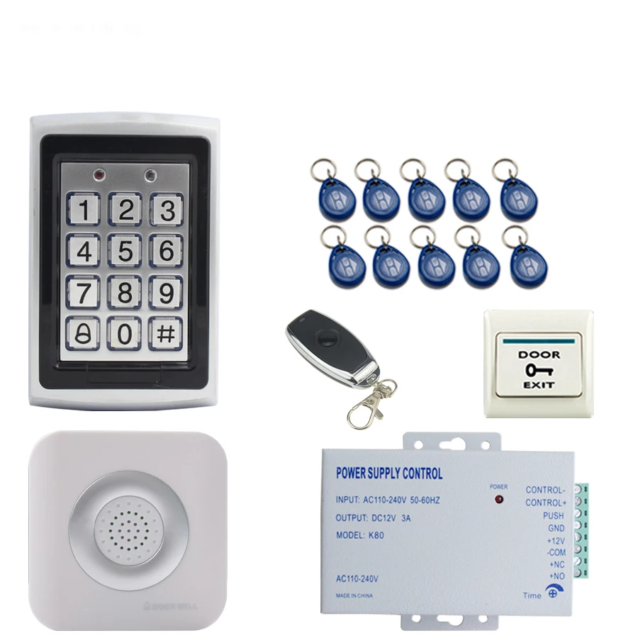 

JEXRFID Password Access Controller Metal Waterproof Backlight button Door control system kit + Doorbell+remote control+power