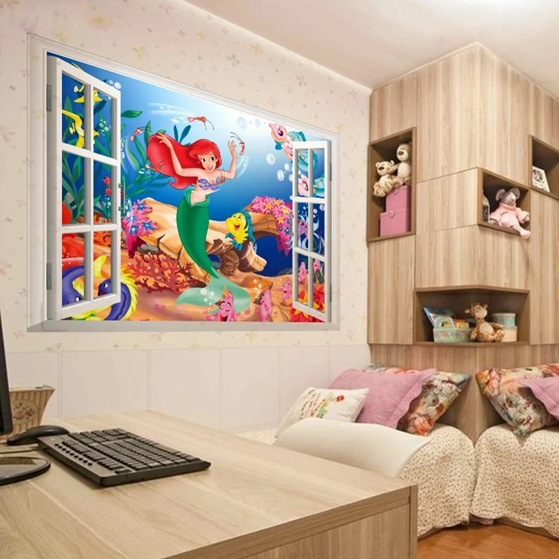 Disney Cartoon Underwater Mermaid Princess Fish Bubble Wall Stickers Mural Art Poster Wall Decals Nursery Pattern Decorations
