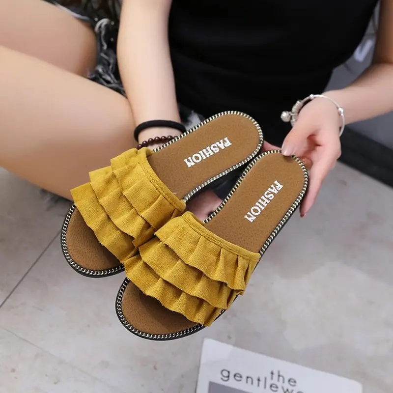 

Summer Women Slippers Open Toe Flat with Fashion Solid Lace Slippers for Women Platform Flock Beach Outside 2019 New