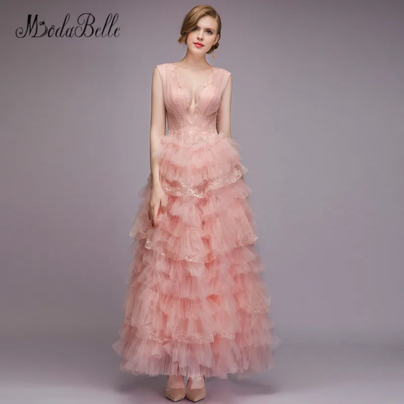 Modabelle Бледно-розовый платье для выпускного вечера 2018 Vestidos De Fiesta Largos Elegantes трапециевидной формы Тюль Многоуровневое Кружева Для женщин