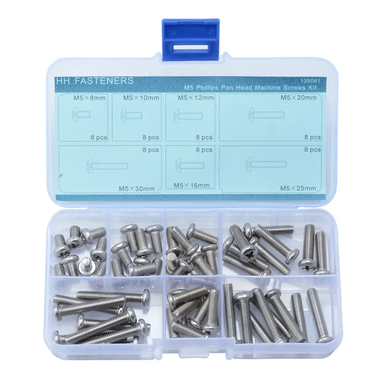 56pcs M5 Stainless Steel Phillips Pan Head Machine Screws Assortment
