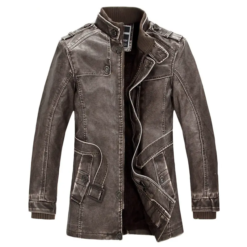 

Winter Men Leather Jacket Stand Collar Belt Long Slim-type PU Leather Punk Style With Velvet Plus Size Men Thick Warm Coat WE155