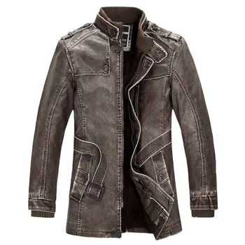 

Winter Men Leather Jacket Stand Collar Belt Long Slim-type PU Leather Punk Style With Velvet Plus Size Men Thick Warm Coat WE155