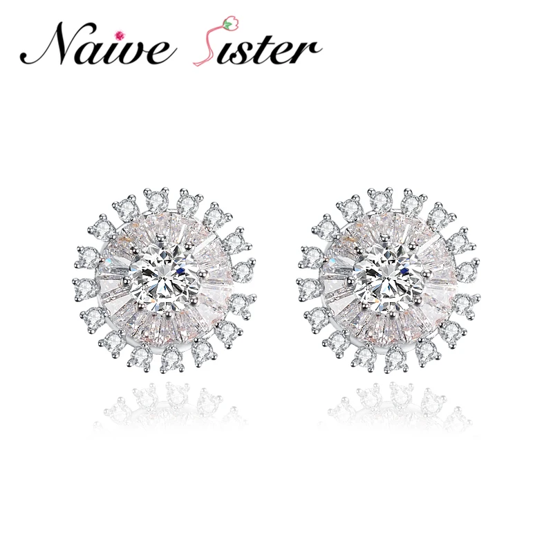 

White Gold Color Sparkling Stud Earring Filled Round AAA Zircon Fashion Earrings For Women Party Engagement Gift Wholesale