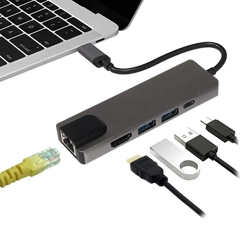 5 in 1 Type C USB HUB Hdmi USB C Hub to Gigabit Ethernet Rj45 Lan Adapter for Macbook Pro Thunderbolt 3 USB-C Charger Port 5 in 1 Type C USB HUB Hdmi USB C Hub to Gigabit Ethernet Rj45 Lan Adapter for Macbook Pro Thunderbolt 3 USB-C Charger Port