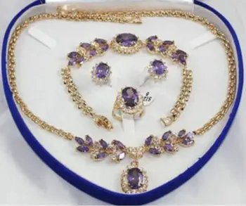 

Yellow Gold GP Inlay Purple Crystal Necklace Bracelet Earring Ring 1set