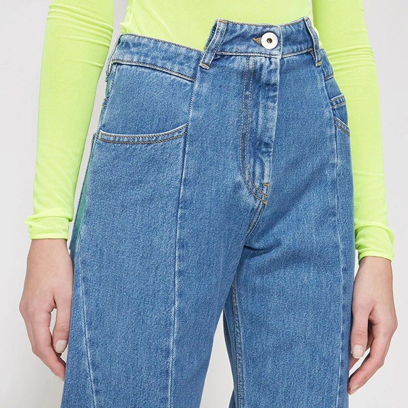 TWOTWINSTYLE лоскутные джинсы женские с высокой талией Асимметричные Длинные широкие брюки для женщин Весенняя Повседневная мода