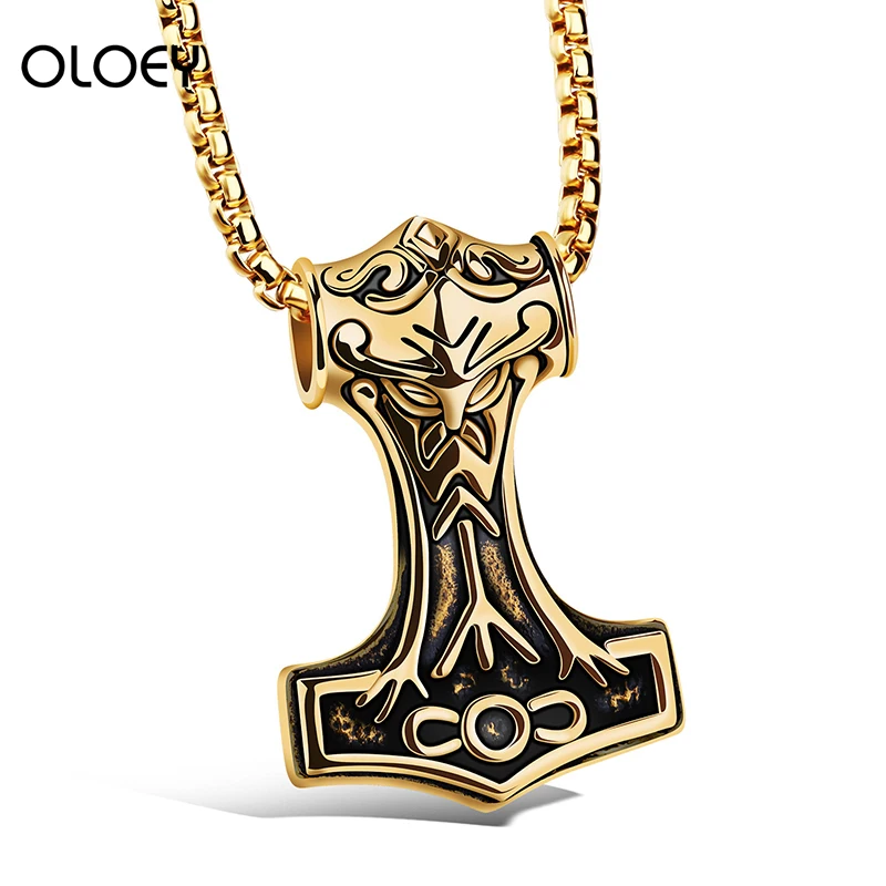 

OLOEY Punk Quake Pendant Necklace For Men Fashion Stainless Steel Thor Hammer Long Necklaces Boys Jewelry Choker Gifts