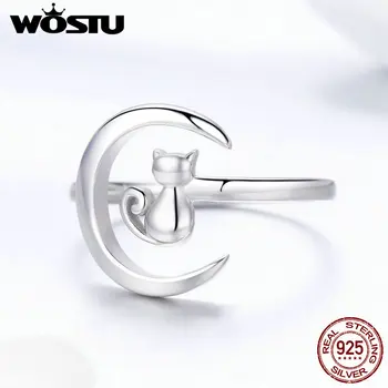 

WOSTU New Arrival 925 Sterling Silver Moon Cat Finger Rings For Women Girl Silver Party Ring Anel Jewelry Birthday Gift FIR451