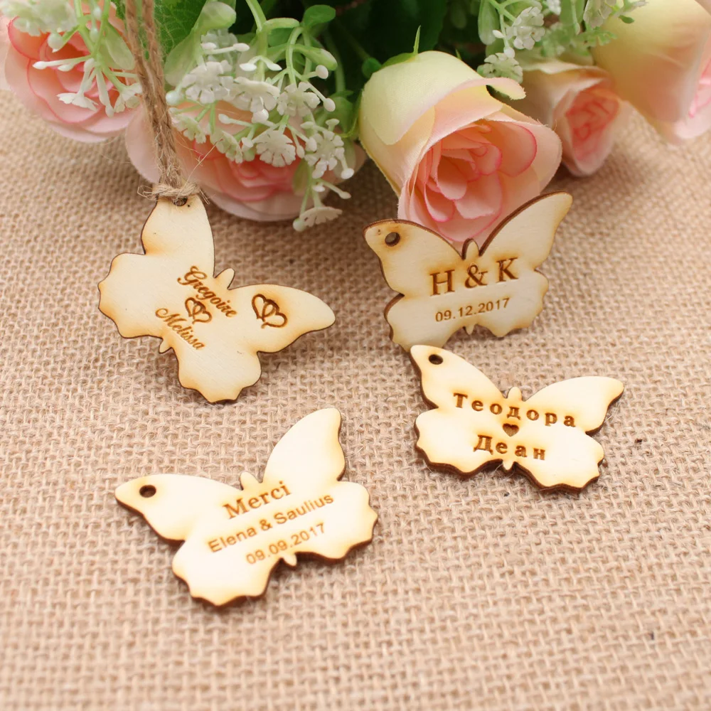 Customized Candy Tags of Butterfly Personalized Engraved Wood Hangs Butterfly Centerpieces Valentine Table Decoration Favors1