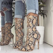Eilyken 2019 New Lace-Up Women Boots Snake Print Ankle Boots High heels Fashion Pointed toe Ladies Sexy shoes Chelsea Boots 2018 new winter fashion pointed toe lace up genuine leather print flower zip rivets women ankle boots thick heel chelsea boots l